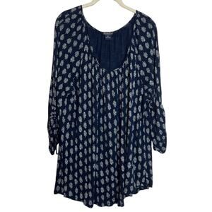 Lucky Brand Womens Peasant Tunic Top XL Blue White Boho Print Viscose 3/4 Sleeve